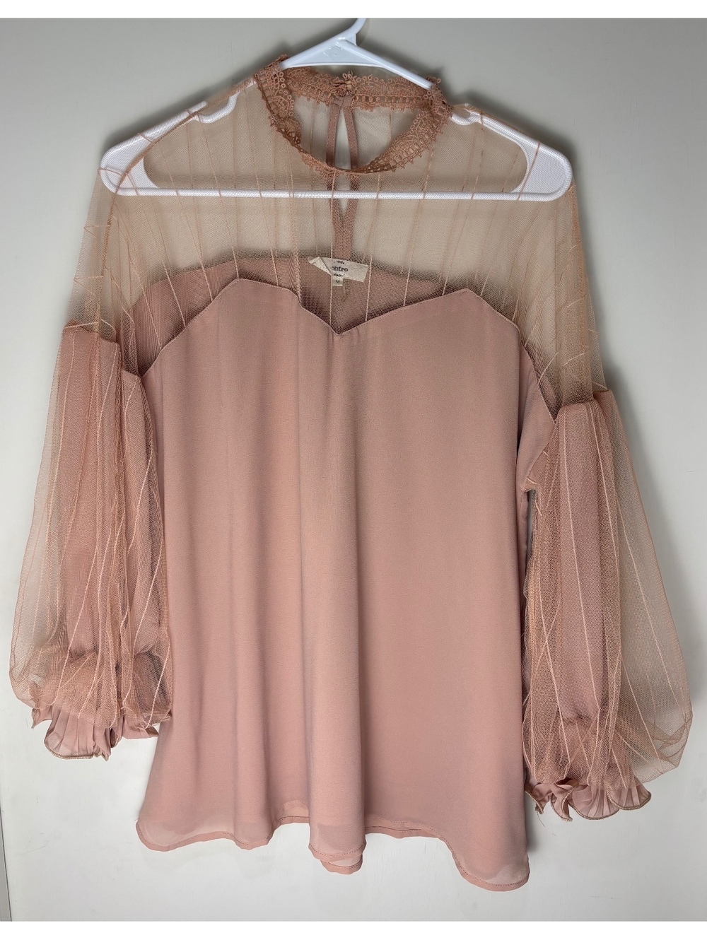 Entro Women’s M Blush Pink Sheer Mesh Lace Blouse Balloon Sleeve Romantic Boho
